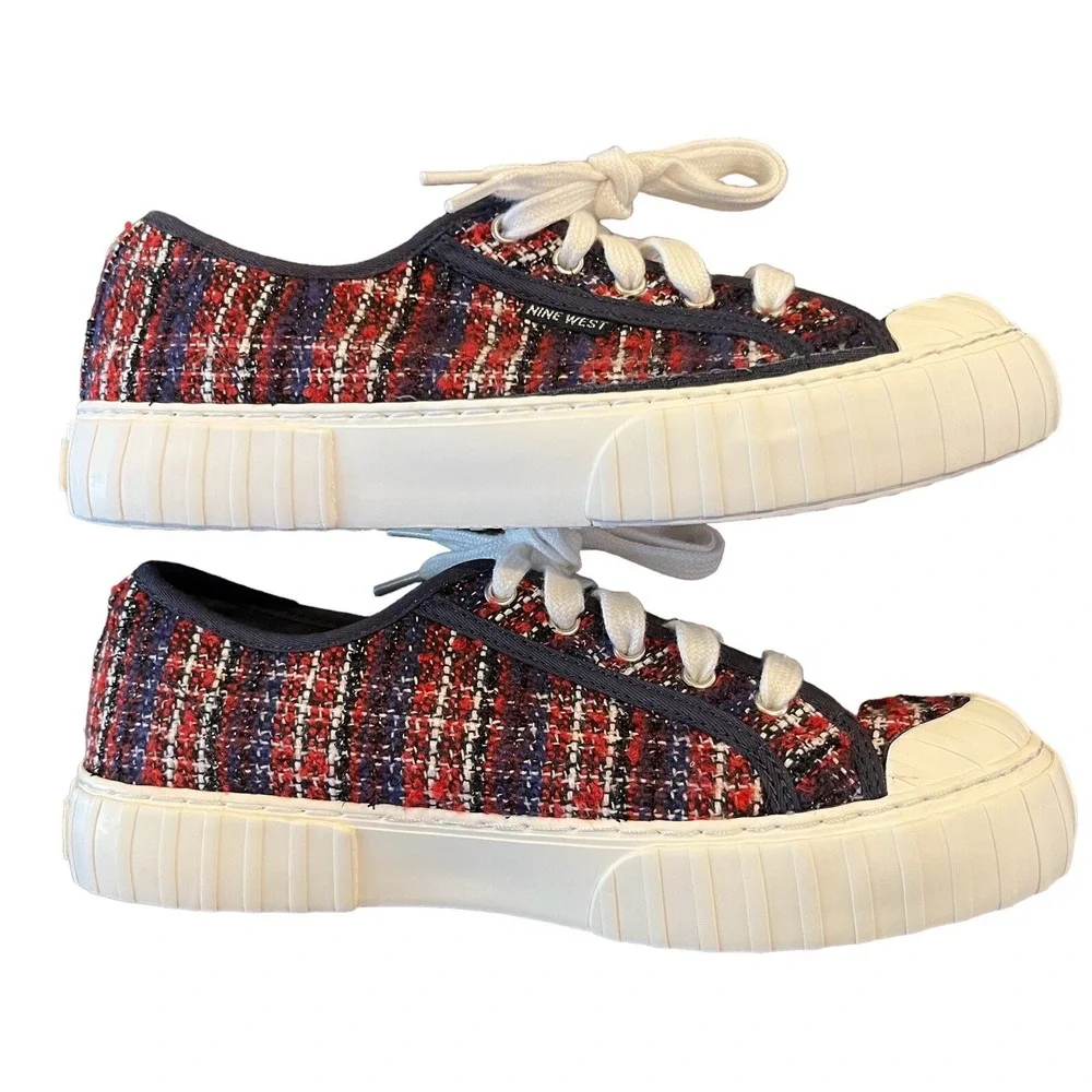 Nine West Sneakers Womens 7.5M Red Blue Plaid Lace Up Casual Deck Shoes